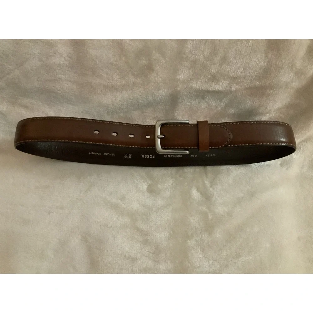 Fossil Brown Leather Belt Contrast Stitching Heavy Duty Buckle Size 36